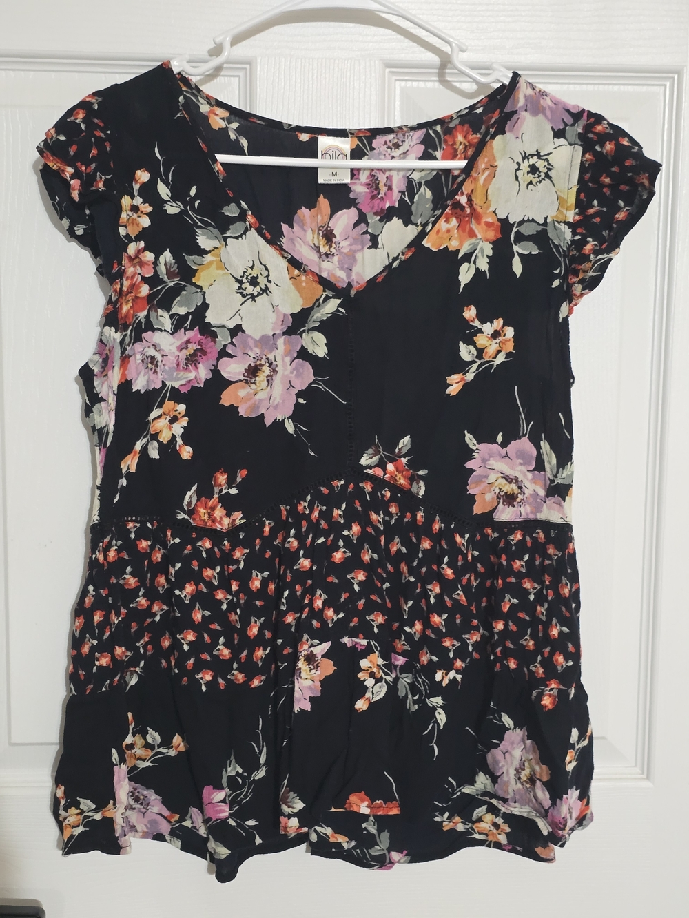 Bila Black Floral V-Neck Tunic with Pink and Orange Blooms